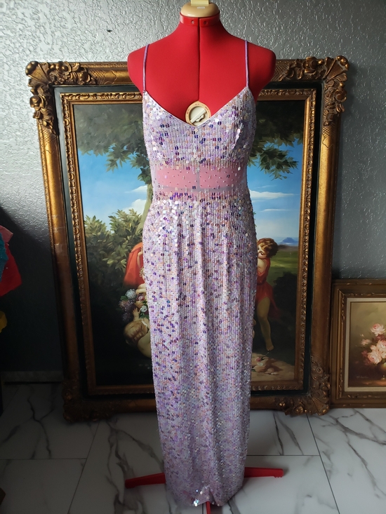 Gilar Evening Dresses & Skirts - Gilar Evening Lilac Full Sequin Maxi Dress with Sheer Waist and Spaghetti Straps